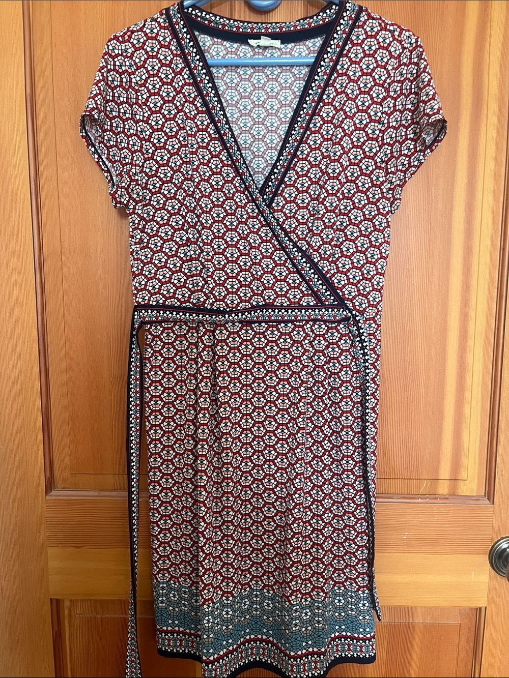 Max Studio Red Geometric Faux-Wrap Midi Dress with Navy Trim and Teal Border